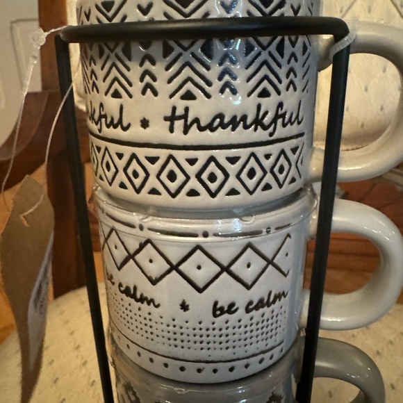 Four Boho Contrasting Patterns Espresso Cups Metal Stand - Picture 6 of 11